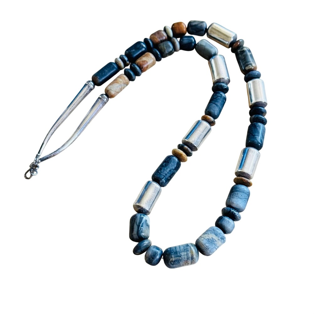 VTG Navajo Jasper Necklace Native American Cylinder Beaded Sterling Silver 925